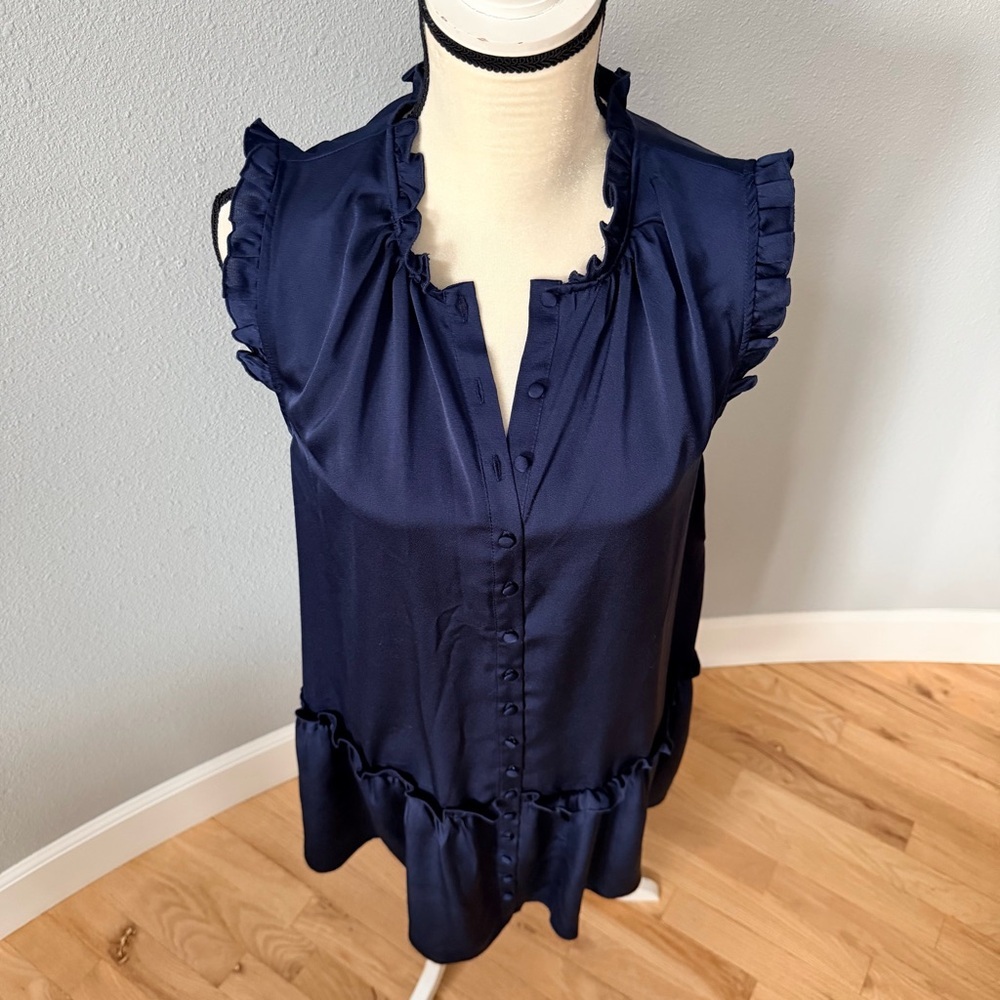 Halogen Ruffle Trim Button Down Satin Dress Classic Navy Blue Size Medium - Picture 3 of 13